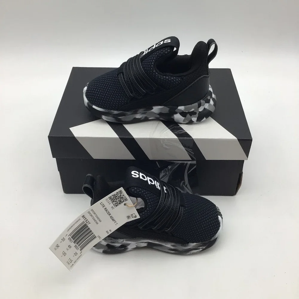 Adidas Lite Racer Adapt 7.0 I Kids Sneakers Black‎ White IH1527 Size 5K NEW